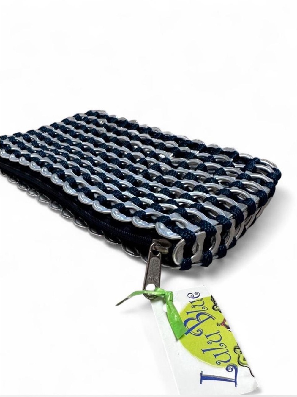 Silver and navy blue woven soda tabs wallet / makeup bag